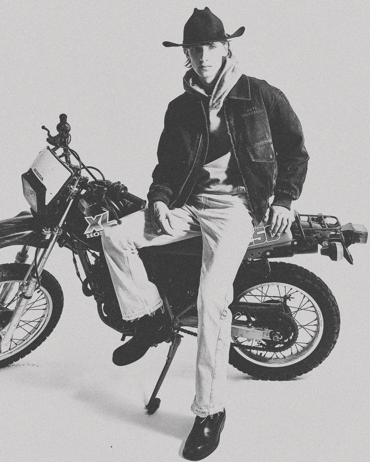 DEYS AW26 campaign, Workshop jacket on a Honda XL